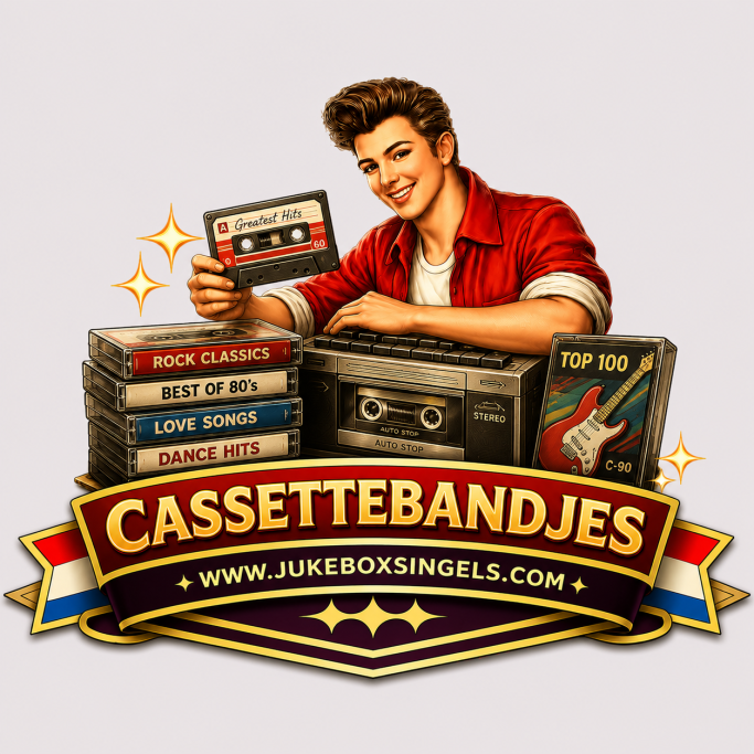 Cassettebandjes Illustratie van een retro cassettebandje met een jongeman in een sterrenachtige setting.
