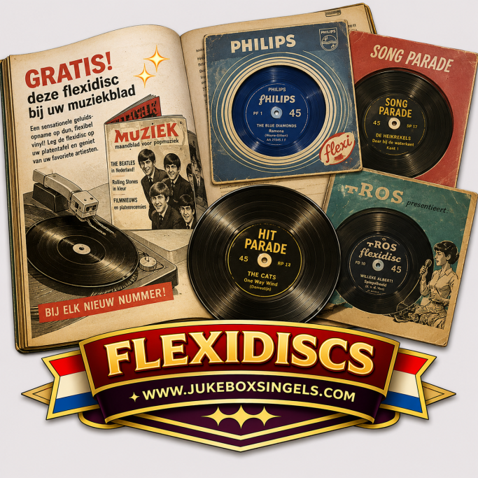 Flexidiscs Een collage van flexidisc platen met een advertentie voor Flexidiscs.